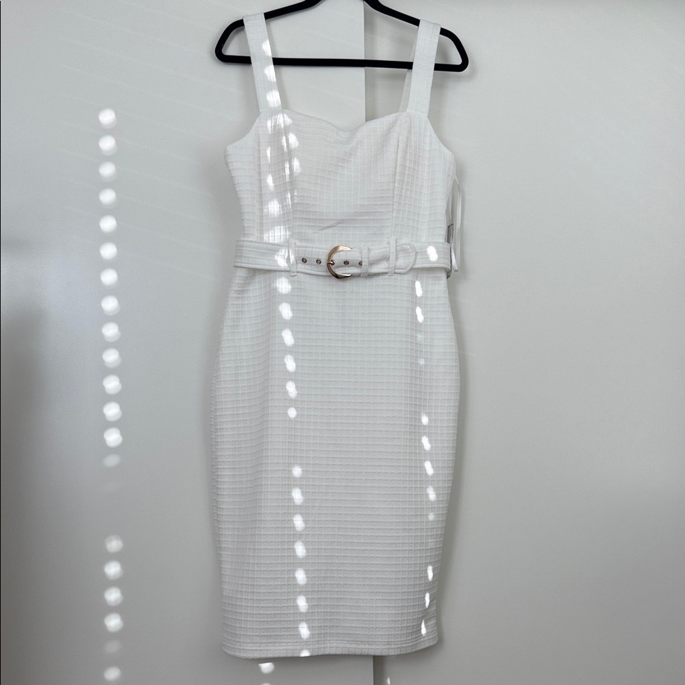 White Textured Belted Sheath Dress